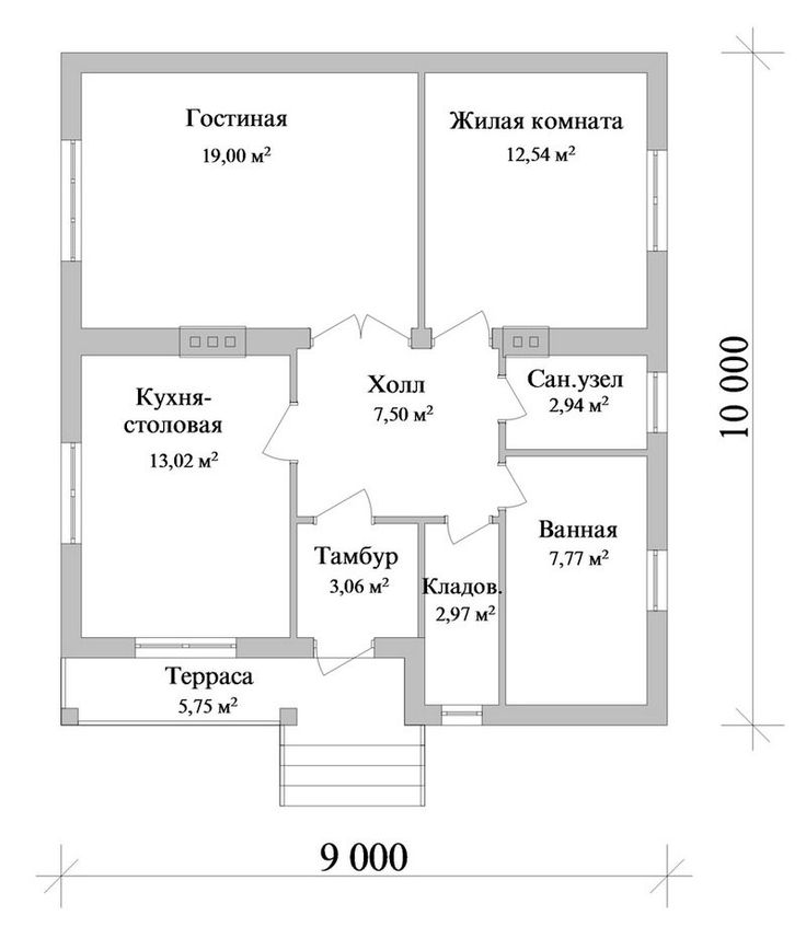 План дома одноэтажного 10х10 с котельной и 3 спальнями