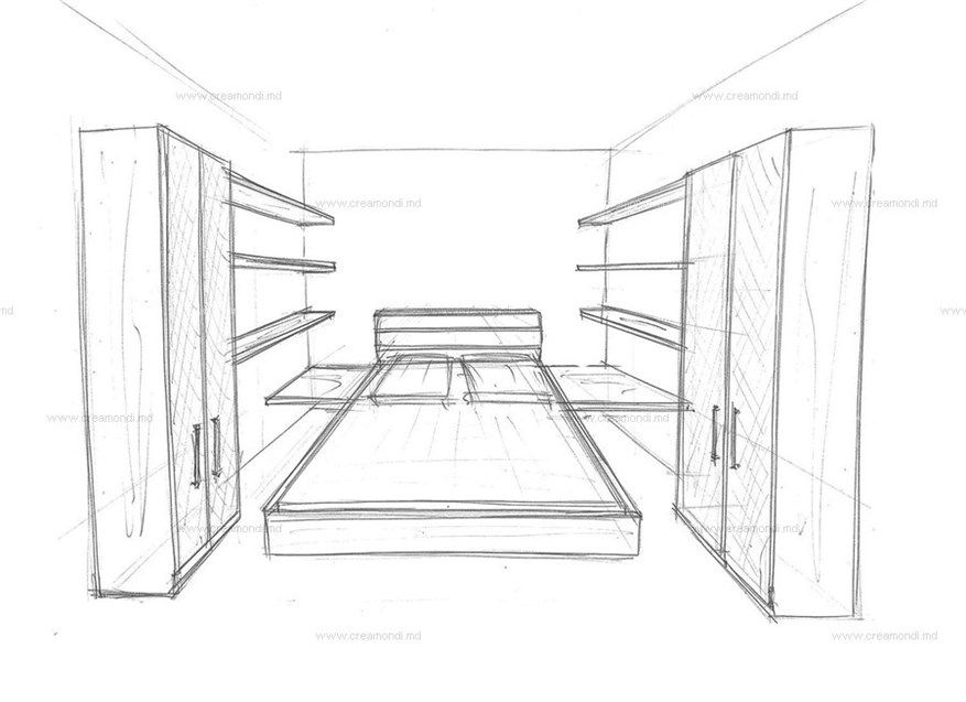 Рисунок комната шкаф. Перспектива спальня сбоку. Шкаф в перспективе. Перспектива комнаты шкаф. Шкаф в угловой перспективе.
