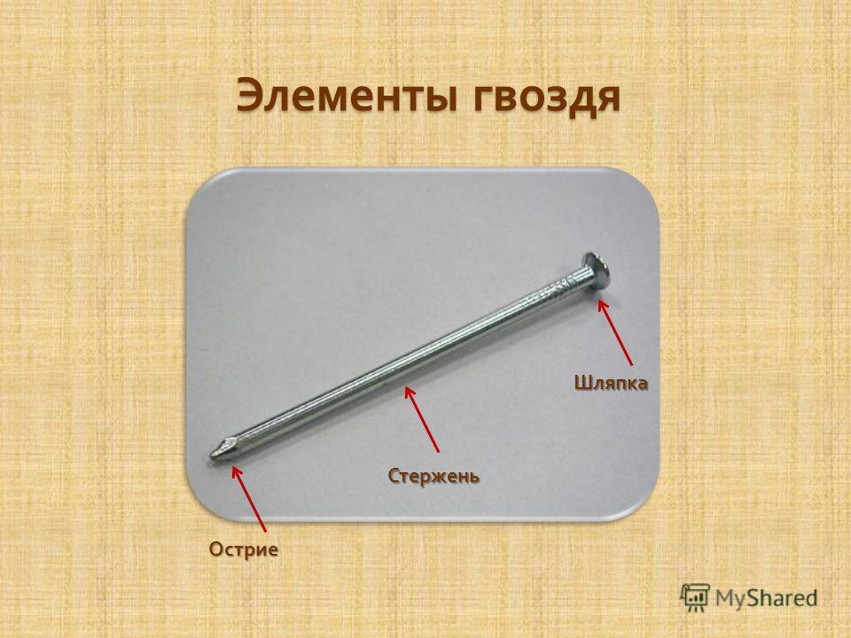 Стержень рисунок. Элементы гвоздя. Шляпка, стержень, остриё;. Основные элементы гвоздя. Основные части гвоздя.