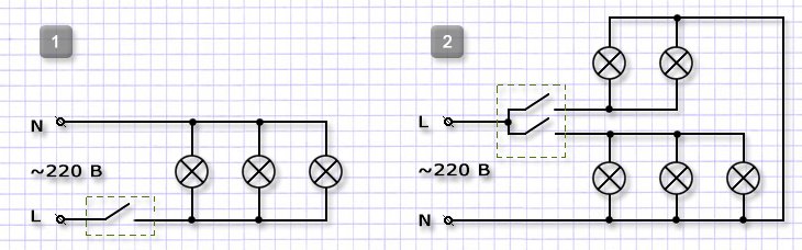 4 лампочки 2 выключателя схема