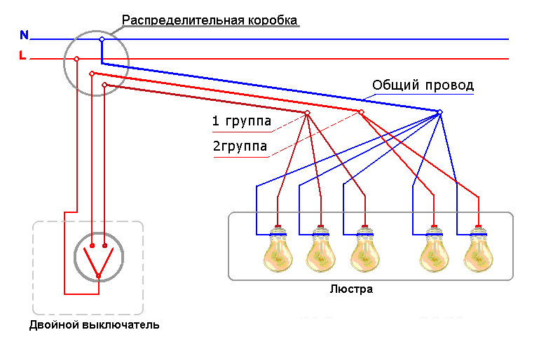 Как подключить двойной выключатель на два светильника схема подключения видео