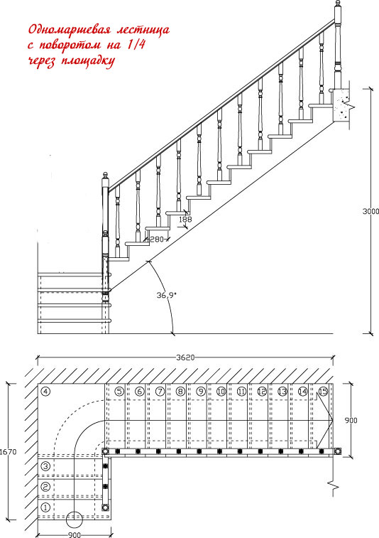 Размеры лестницы на чертеже