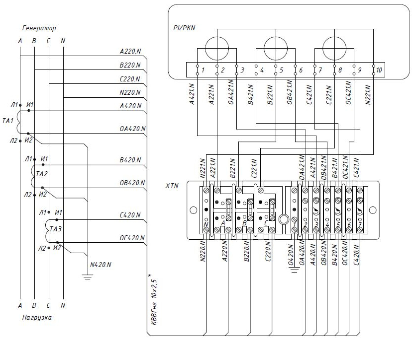 Схема подключения испытательной коробки с 3 трансформаторами тока