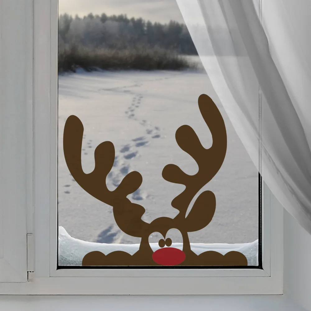 Cute Red Nose Peeping Reindeer Window Sticker Cartoon Decals for kids Room Decor