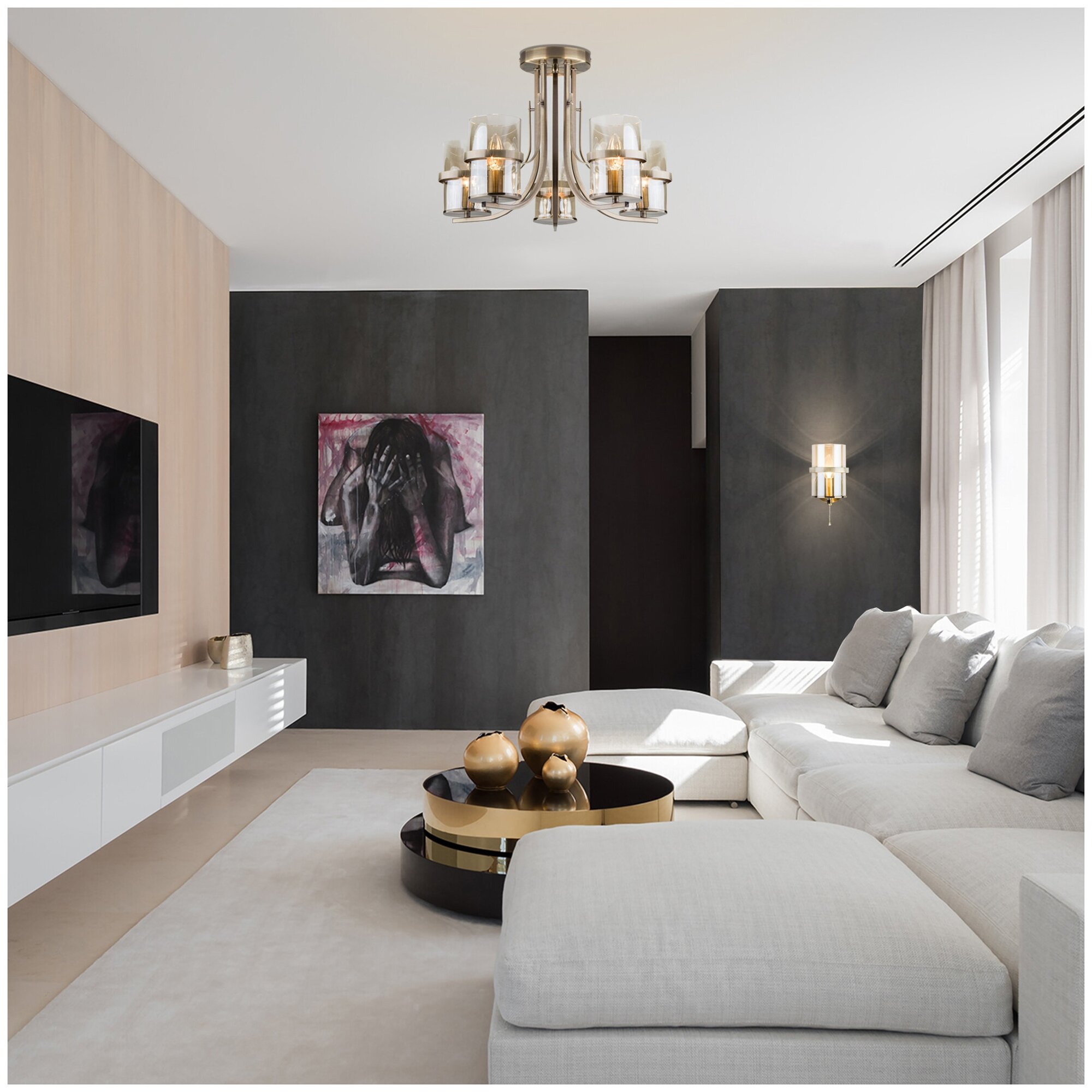 Дизайн интерьера гостиной в современном стиле в светлых тонах с темным