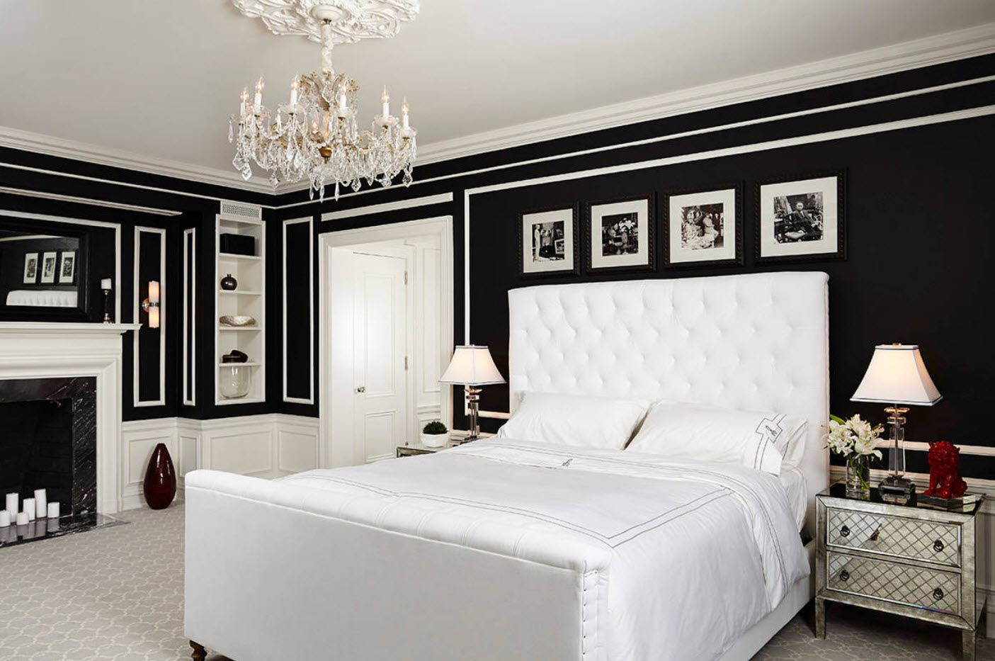 Черные молдинги купить. Черно белая спальня. Спальня в черно белых тонах. Белая спальня. Интерьер белой спальни.