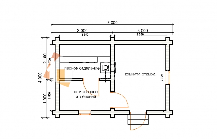 Проект бани 6х6 с комнатой отдыха парилкой помывочной туалетом